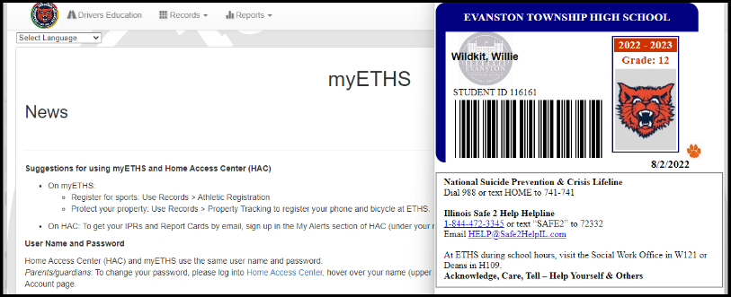 Example ETHS Virtual Student ID - MyID from myETHS